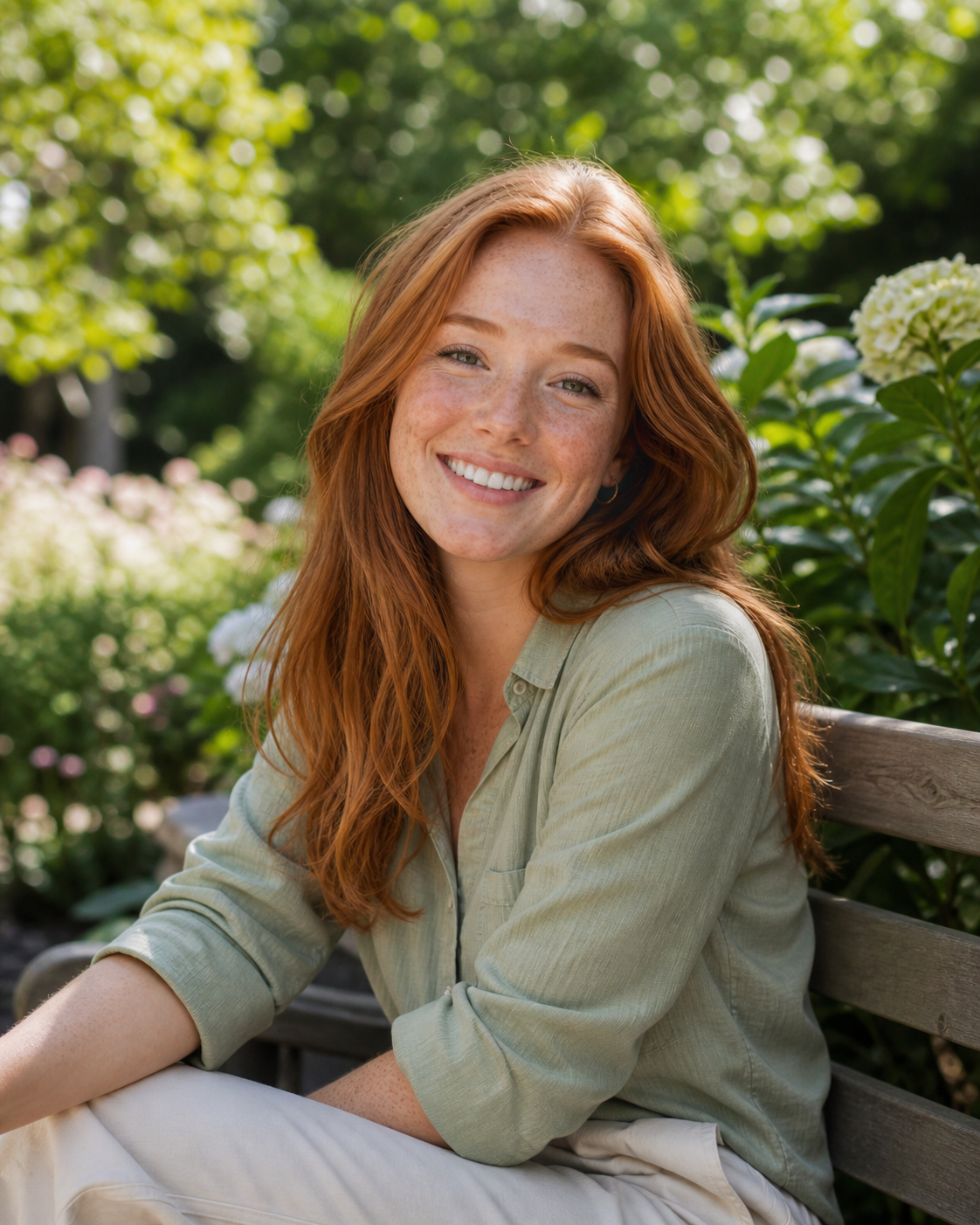 Portrait einer jungen Frau mit roten Haaren im Grünen, natürliches Tageslicht, freundliches Lächeln, geeignet als Testimonial-Foto.