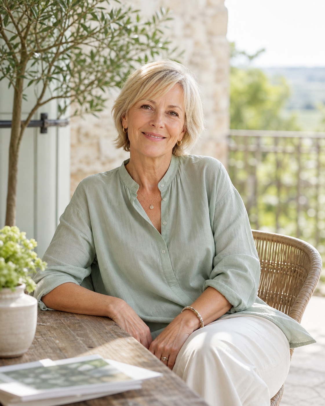 Portrait einer lächelnden Frau um die 50 auf einer Terrasse im Grünen, entspannte Stimmung, geeignet als Testimonial-Foto.