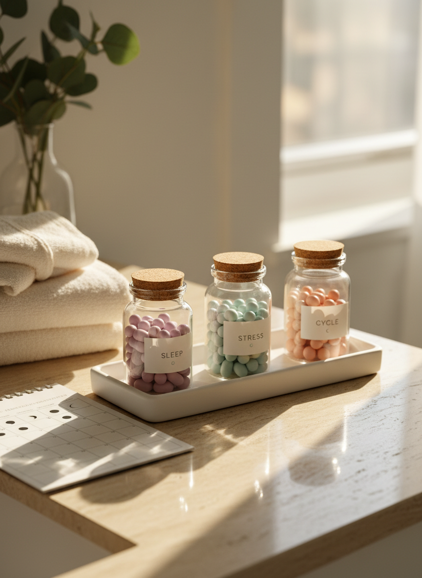 An organized bathroom vanity scene featuring a matte white ceramic tray with carefully arranged glass jars labeled for sleep, stress, and cycle support, each with pastel-colored capsules inside. A simple sand-colored stone countertop reflects the soft texture of folded organic cotton towels nearby. A minimalist calendar page with circled dates and tiny moon phase icons rests partially under the tray. Warm, diffused afternoon light filters in from the right, glinting off the glass and casting gentle shadows. Photographic realism, shot from a slightly elevated angle with balanced composition, the background softly blurred with hints of eucalyptus in a simple vase. The mood is reassuring, clean, and grounded, symbolizing structured hormonal balance in everyday routines.