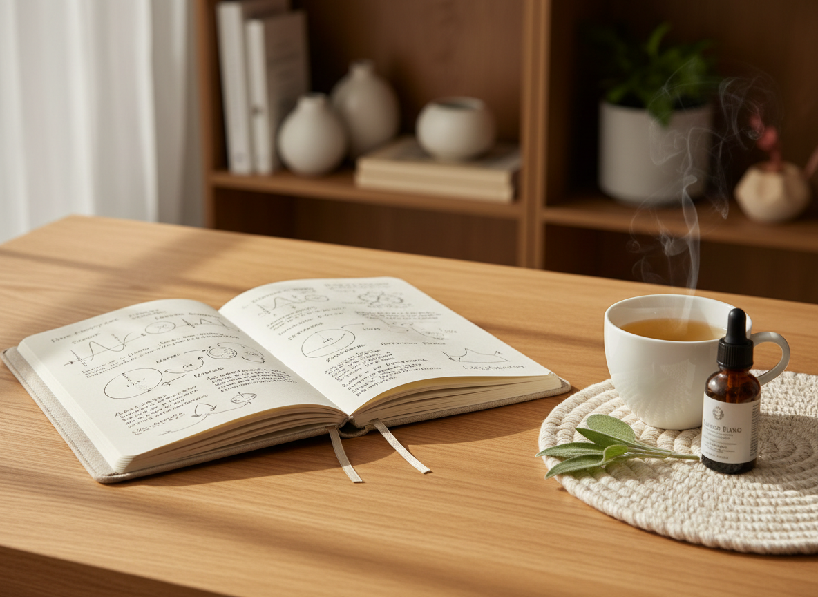 A neatly arranged wooden writing desk in soft, natural oak, holding an open linen-textured notebook filled with delicate, hand-drawn hormone cycle diagrams and neat annotations. Beside it lies a smooth white ceramic cup of herbal tea, wisps of steam rising gently. A small amber glass bottle of essential oil and a sprig of fresh sage rest on a woven cotton placemat. Soft morning daylight streams through an unseen window from the left, creating a calm, diffused glow and subtle shadows. Photographic realism at eye level with a shallow depth of field, the background fading into a softly blurred bookshelf of health books and neutral decor, evoking clarity, trust, and gentle focus on women’s hormonal health.
