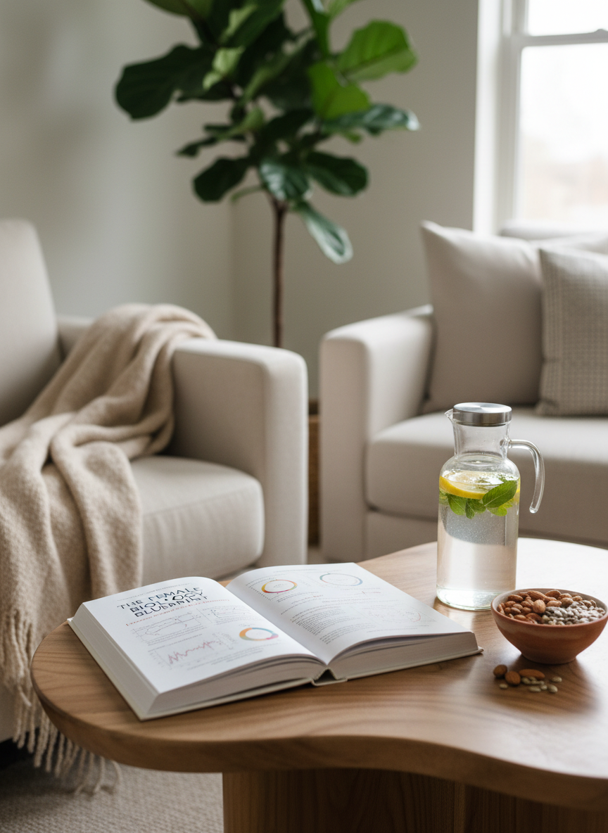 A serene living room corner featuring a low, natural-wood coffee table with a large, open book on female health and hormones, its crisp pages filled with detailed, printed charts. Beside it sits a clear glass carafe of infused water with floating lemon slices and fresh mint. A soft, sand-colored wool throw is draped over the edge of a nearby armchair, and a small clay bowl holds a selection of nuts and seeds. Gentle, overcast daylight from a large window creates an even, soothing illumination with minimal shadows. Photographic realism from an eye-level perspective, using the rule of thirds to place the book in focus, with the background of neutral-toned cushions and a houseplant subtly blurred, conveying calm, competence, and holistic wellbeing.